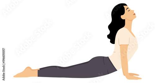 Vector illustration of a woman performing cobra pose bhujangasana yoga pose with lifted chest and extended arms
