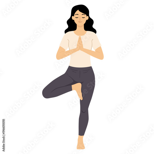 Vector illustration of a woman practicing vrikshasana tree pose with hands in prayer position