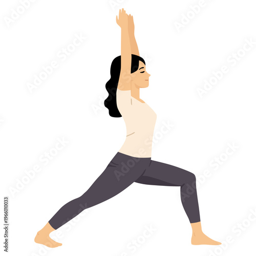 Vector illustration of a woman practicing virabhadrasana I warrior I yoga pose with arms raised