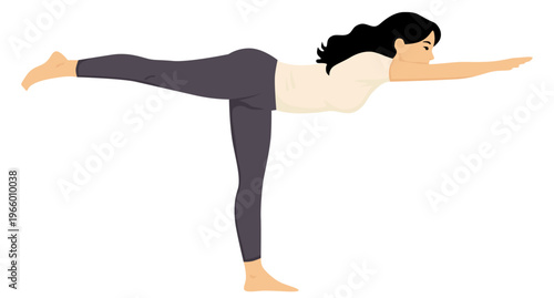 Vector illustration of a woman performing warrior III virabhadrasana III yoga pose with body parallel to the ground