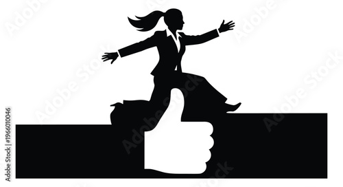 Silhouette illustration of businesswoman stepping on thumbs up depicting success and approval for business and motivation design