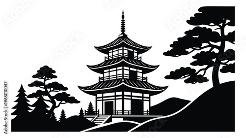 Silhouette illustration of a Japanese pagoda depicting traditional architecture surrounded by pine trees for Asian culture design