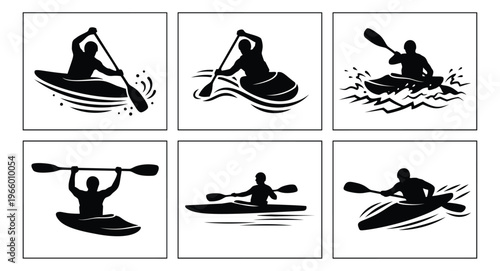 Silhouette icon set of 6 kayaking figures featuring paddlers in various rowing poses for sport and outdoor design