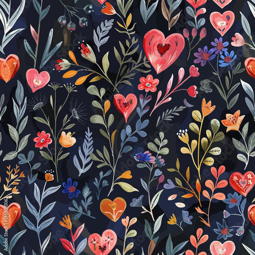 Floral Hearts Pattern With Colorful Flowers and Leaves.