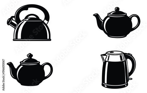 Silhouette icon set of 4 tea and coffee kettles featuring stovetop kettle, teapot and electric kettle for kitchen design