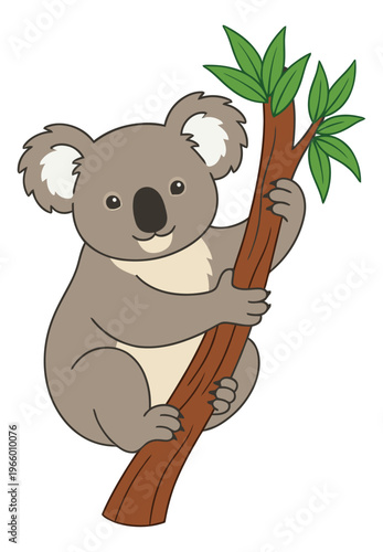 Cartoon illustration of a koala depicting a cute animal clinging to a eucalyptus tree for children and wildlife design