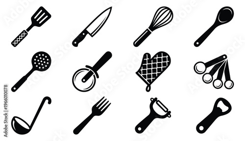 Silhouette icon set of 12 kitchen utensils featuring spatula, knife, whisk, ladle, fork, peeler and oven mitt for culinary design