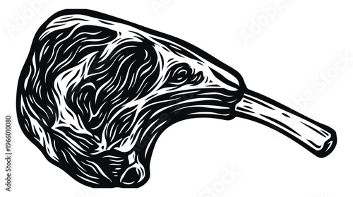 Woodcut illustration of a tomahawk ribeye steak depicting bold textured meat cut on the bone for food and restaurant design