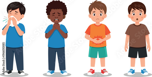 Cartoon Child Expressions Icon Set Featuring Sickness, Pain, and Discomfort Emotions for Healthcare, Family, and Wellness Themes