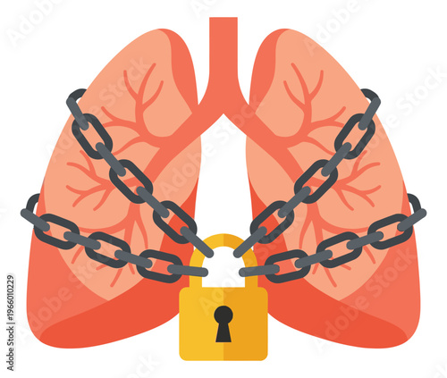 Flat illustration of human lungs bound in chains depicting restricted breathing and respiratory disease for medical and healthcare design