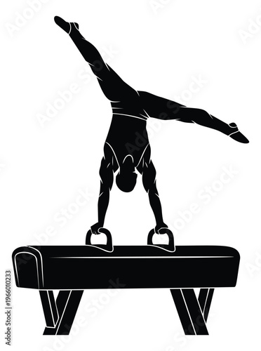 Silhouette illustration of male gymnast performing handstand on pommel horse depicting strength and balance for sports design