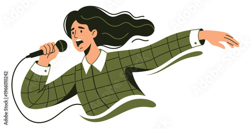 Flat cartoon illustration of a young woman singer depicting dynamic performance with microphone for music and entertainment design