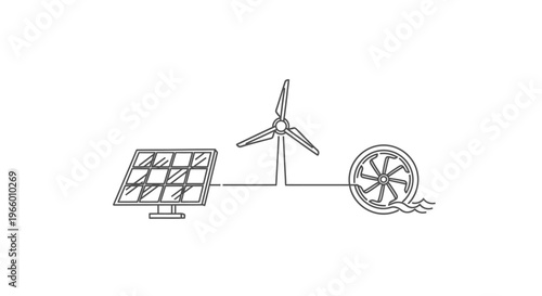 Minimalist renewable energy line art, solar panel and wind turbine icons, sustainable power generation vector illustration for eco-friendly design