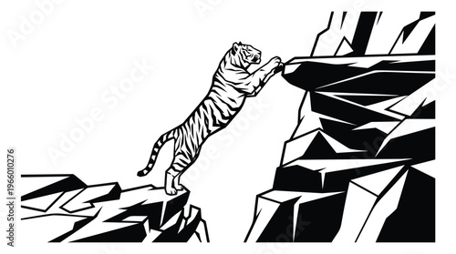 Woodcut illustration of a tiger climbing a rocky cliff depicting strength and determination for wildlife and sports design