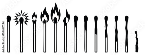 Silhouette icon set of 13 matches featuring ignition flame burning and charred stages for fire and lifecycle design