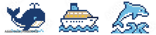 Pixel art icon set of 3 ocean animals and vessel featuring whale, cruise ship and dolphin with waves for maritime design