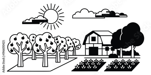 Outline illustration of a rural farm scene depicting an orchard barn and crop fields for agriculture and country living design