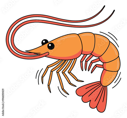 Cartoon illustration of a shrimp depicting a lively seafood character with antennae and tail fin for food and nature design