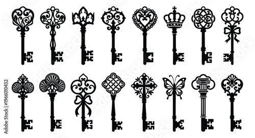 Ornate silhouette icon set of 14 antique skeleton keys featuring decorative filigree crowns butterfly and floral motifs for vintage design