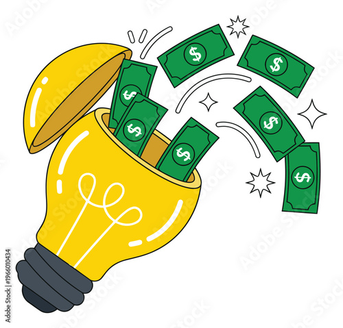 Cartoon illustration of an open light bulb depicting dollar bills flying out depicting profitable ideas and financial creativity for business design