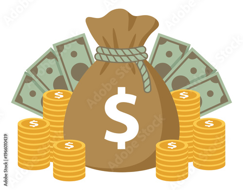 Flat illustration of money bag with coins and banknotes depicting financial wealth and savings for business and banking design