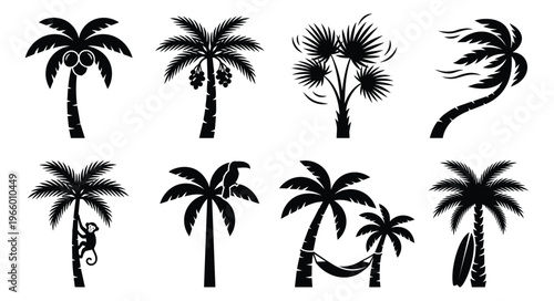 Silhouette icon set of 8 palm trees featuring coconut tree, monkey, hammock and surfboard variations for tropical design