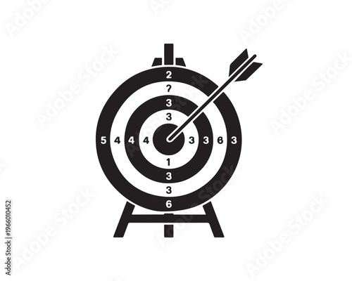A black and white of a target with an arrow hitting the bullseye and numbers around the rings on a white background