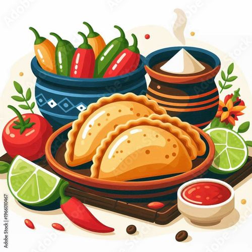 Illustration of two empanadas on a plate next to peppers lime tomato sauce and a drink