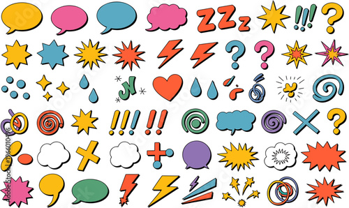 A collection of colorful, cartoon-style graphic elements including speech bubbles, stars, lightning bolts, exclamation points, and question marks. Perfect for comic books, design projects