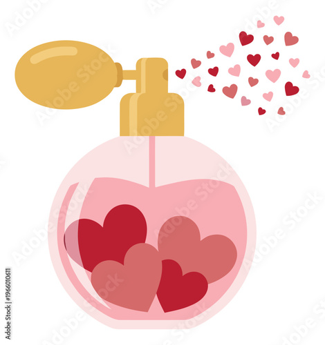 Flat illustration of a love potion perfume bottle depicting hearts spraying from atomizer for Valentine's day design
