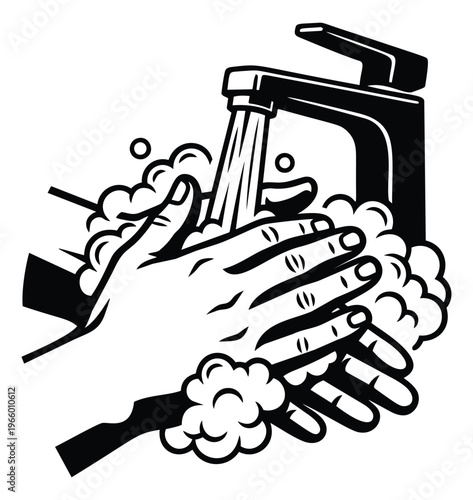 Bold woodcut illustration of hands washing under faucet depicting hygiene and soap lather for health and sanitation design