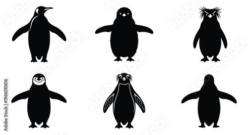 Silhouette icon set of 6 penguins featuring different species and poses for wildlife and nature design