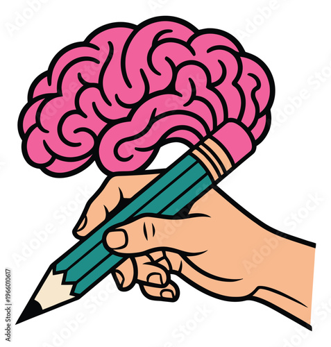 Cartoon illustration of a hand holding a pencil with a brain depicting creative thinking and intelligence for education and psychology design