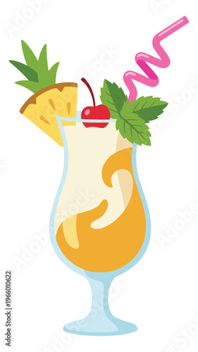 Flat illustration of a pina colada cocktail depicting a tropical drink garnished with pineapple cherry and mint for summer menu design