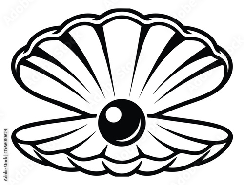 Bold cartoon illustration of open oyster shell depicting a pearl inside for nautical and luxury design