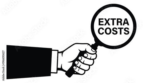 Bold cartoon illustration of a hand holding magnifying glass depicting extra costs concept for business and finance design