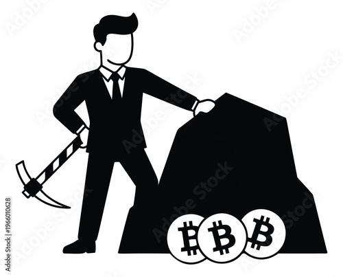 Silhouette illustration of businessman mining bitcoin depicting cryptocurrency excavation with pickaxe for finance and blockchain design