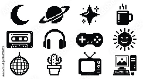Pixel art icon set of 12 retro symbols featuring moon, saturn, cassette, headphones, gamepad, disco ball, cactus, television and computer for nostalgic design