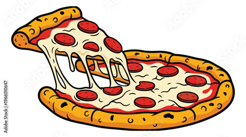 Cartoon illustration of pepperoni pizza depicting melting cheese slice being lifted for food and restaurant design