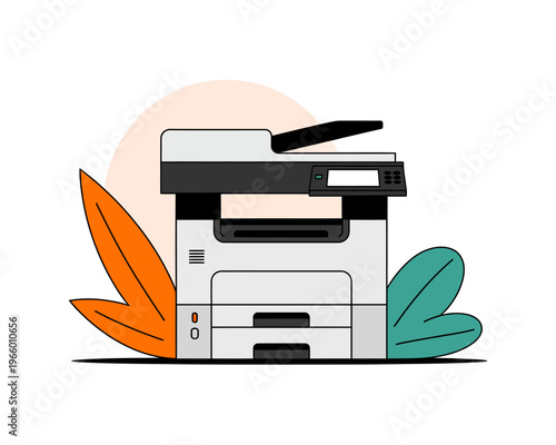 Illustration of a modern office printer with colorful leaves and decorative background