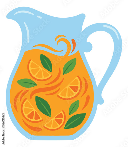 Flat illustration of a glass pitcher depicting fresh orange lemonade with citrus slices and mint leaves for food and beverage design