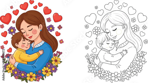 Happy, mother, hugging, her, little, son, with, hearts, and, flowers, coloring, page, and, colored, version, for, kids, vector, illustration, set