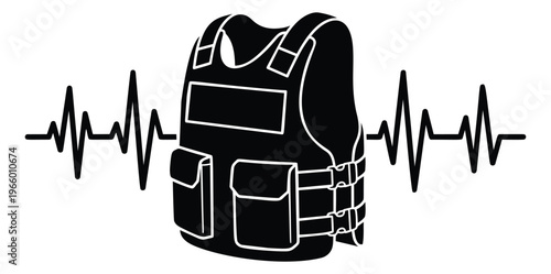 Silhouette illustration of tactical body armor vest depicting heartbeat pulse line for law enforcement and safety design