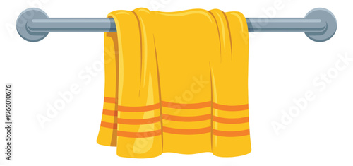 Cartoon illustration of yellow towel on metal rack depicting bathroom accessory for home and hygiene design