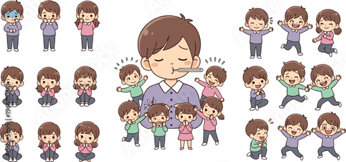 Cartoon Child Icon Set Featuring Various Expressions, Emotions, and Poses for Healthcare, Education, and Family Themes