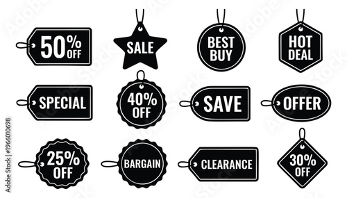 Silhouette icon set of 12 retail price tags featuring sale, discount, clearance and bargain labels for shopping and ecommerce design