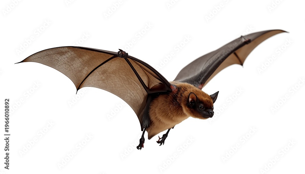 Fototapeta premium A small brown bat with delicate leathery wings is captured in mid-flight against a clean white background.