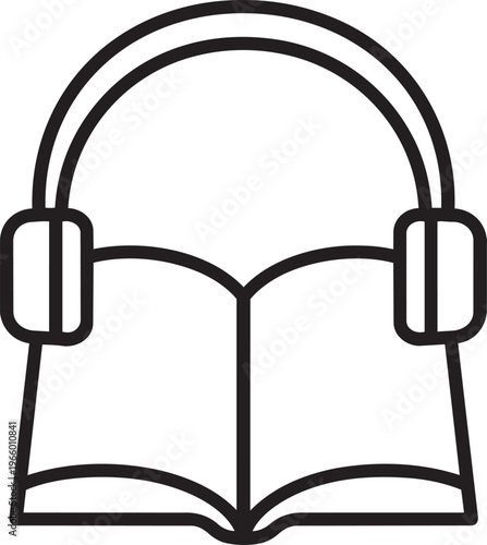 Open book with headphones linear icon representing audiobook audio learning podcast education and digital library vector
