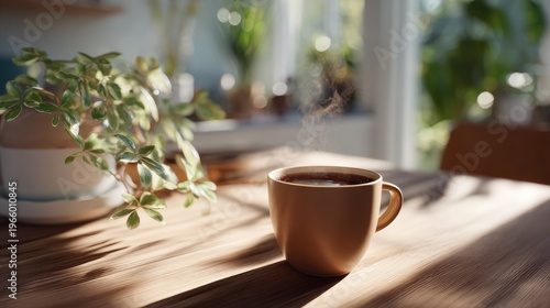 Morning Brew Serenity: A steaming mug of coffee sits on a wooden table, with sunlight streaming in the window, creating a perfect moment for relaxation and reflection.