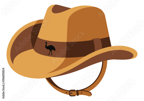 Flat illustration of an Australian outback hat depicting a wide brim bush style with emu emblem for travel and adventure design